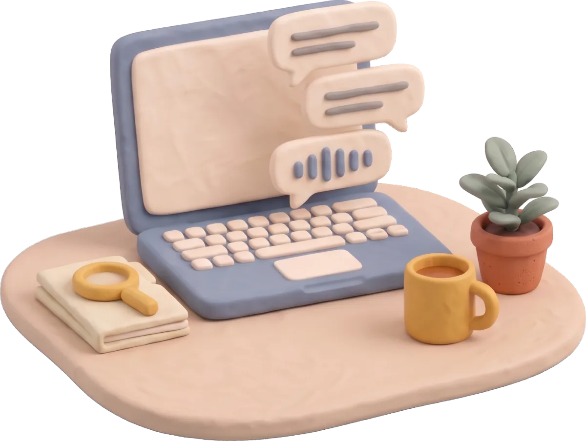 Clay illustration of an open laptop with three chat bubbles rising from its screen, one showing a voice waveform, beside client folders with a magnifying glass, a mug, and a potted plant