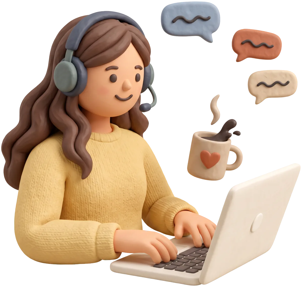 Clay illustration of a woman in headphones typing on a laptop while speech bubbles and a mug of tea float nearby