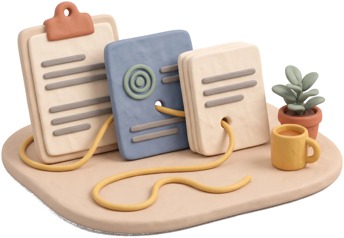 Clay illustration of an intake clipboard, a treatment plan page with a target, and a stack of session notes joined by one yellow thread, beside a mug and a potted plant