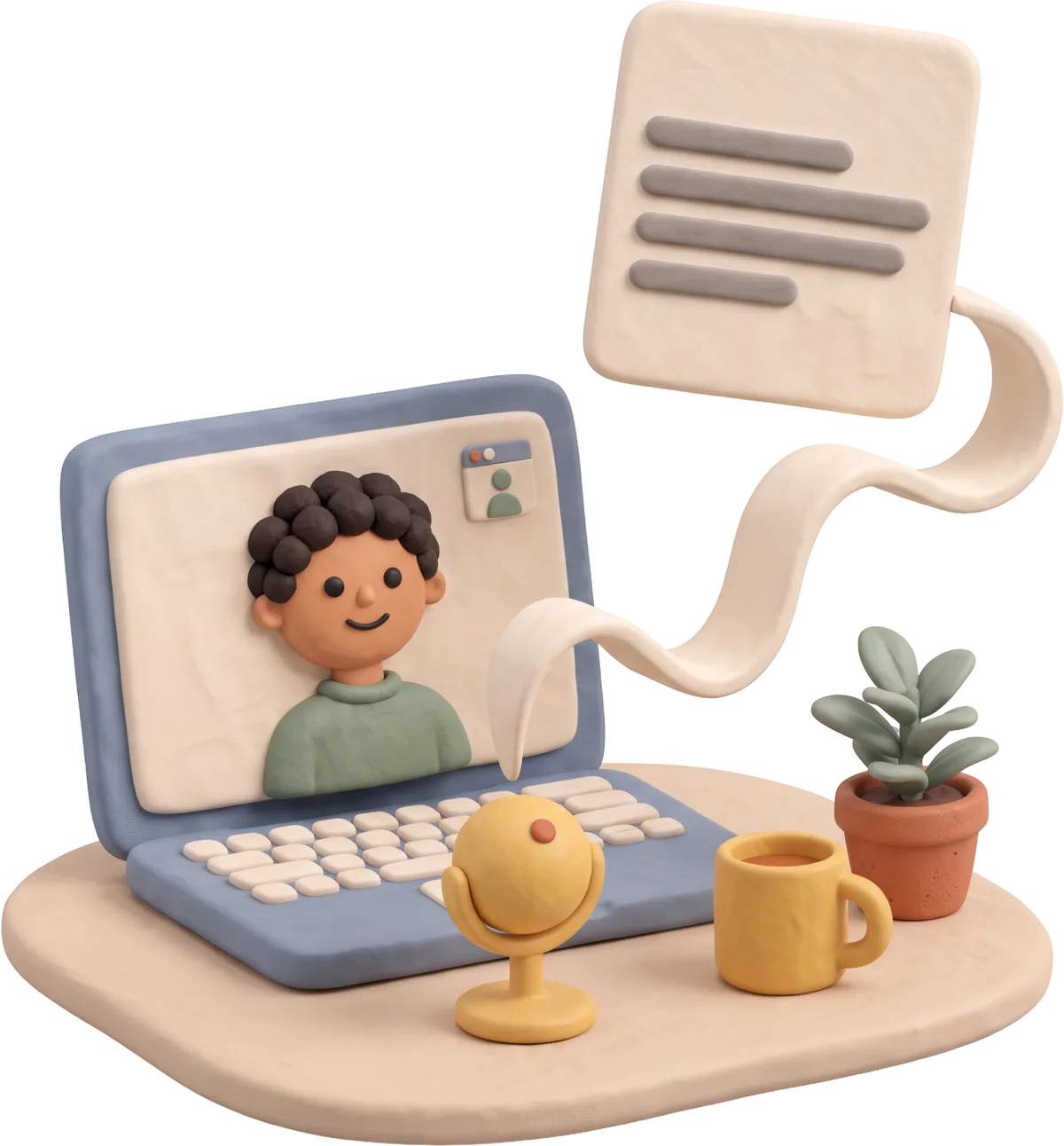 Clay illustration of a laptop showing a telehealth call, with a desk microphone whose sound ribbon flows up into a finished note, beside a mug and a potted plant