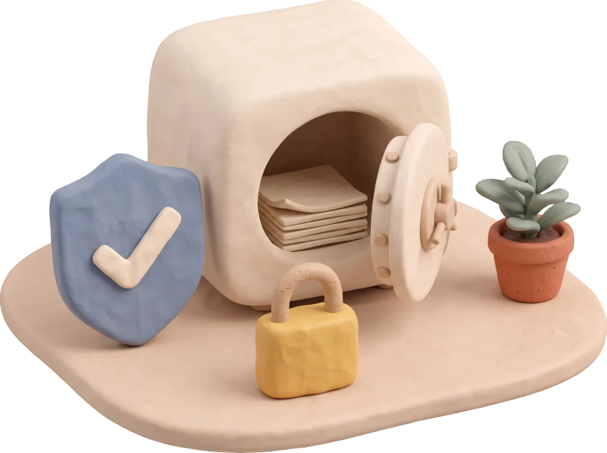 Clay illustration of an open safe holding a stack of notes, with a closed padlock, a shield with a check mark, and a potted plant