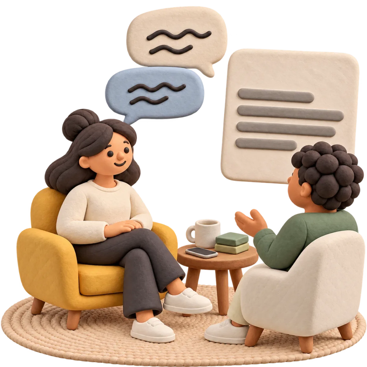 Clay illustration of a therapist listening to a client with a phone on the side table, while their conversation becomes a finished note