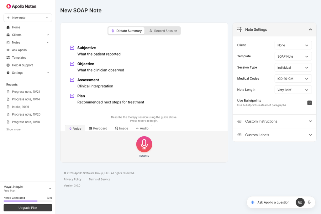 New SOAP Note screen with the Subjective, Objective, Assessment, and Plan guide, a record button, and the Note Settings panel