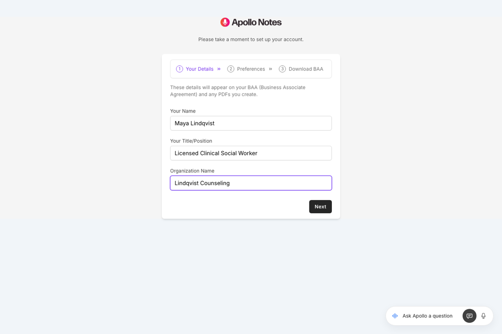 Account setup Your Details step with fields for your name, title or position, and organization name
