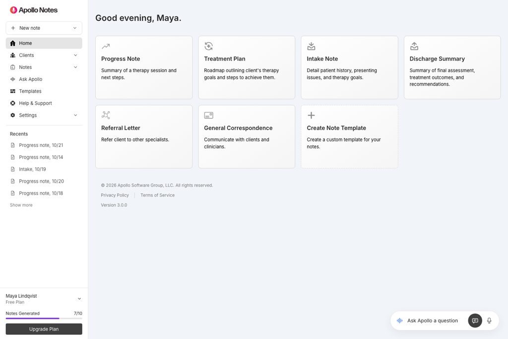 Create Note screen with cards for progress notes, treatment plans, intake notes, discharge summaries, referral letters, and correspondence