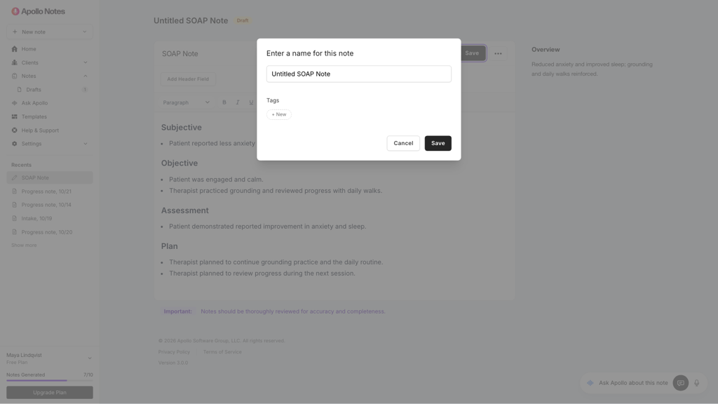 Save window asking for a note name, with tags such as Added to EHR and To Be Reviewed