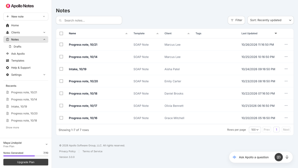 Saved Notes page with a searchable list of notes, their template, client, tags, and last updated dates